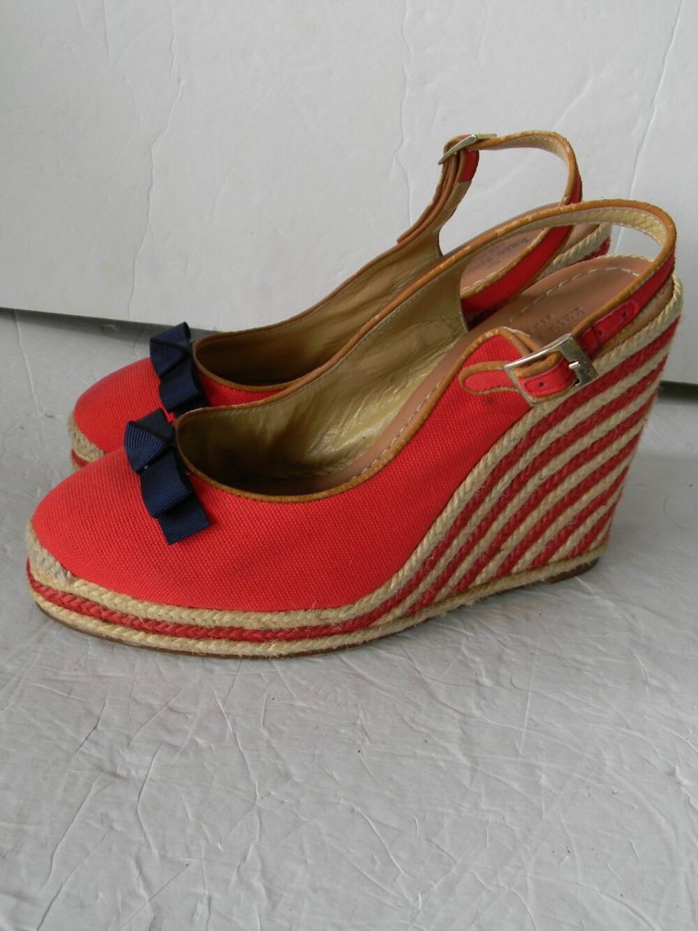 KATE SPADE SWEETIE Red Striped Espadrille Wedge Ankle Strap Bow SZ 9.5 SPAIN